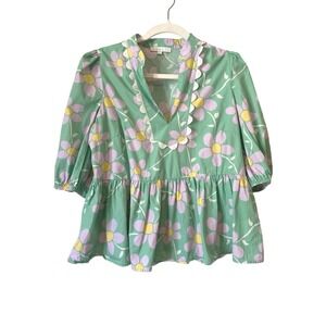 Karlie Green Floral Peplum Blouse L | Scalloped Neck 100% Cotton Spring Top